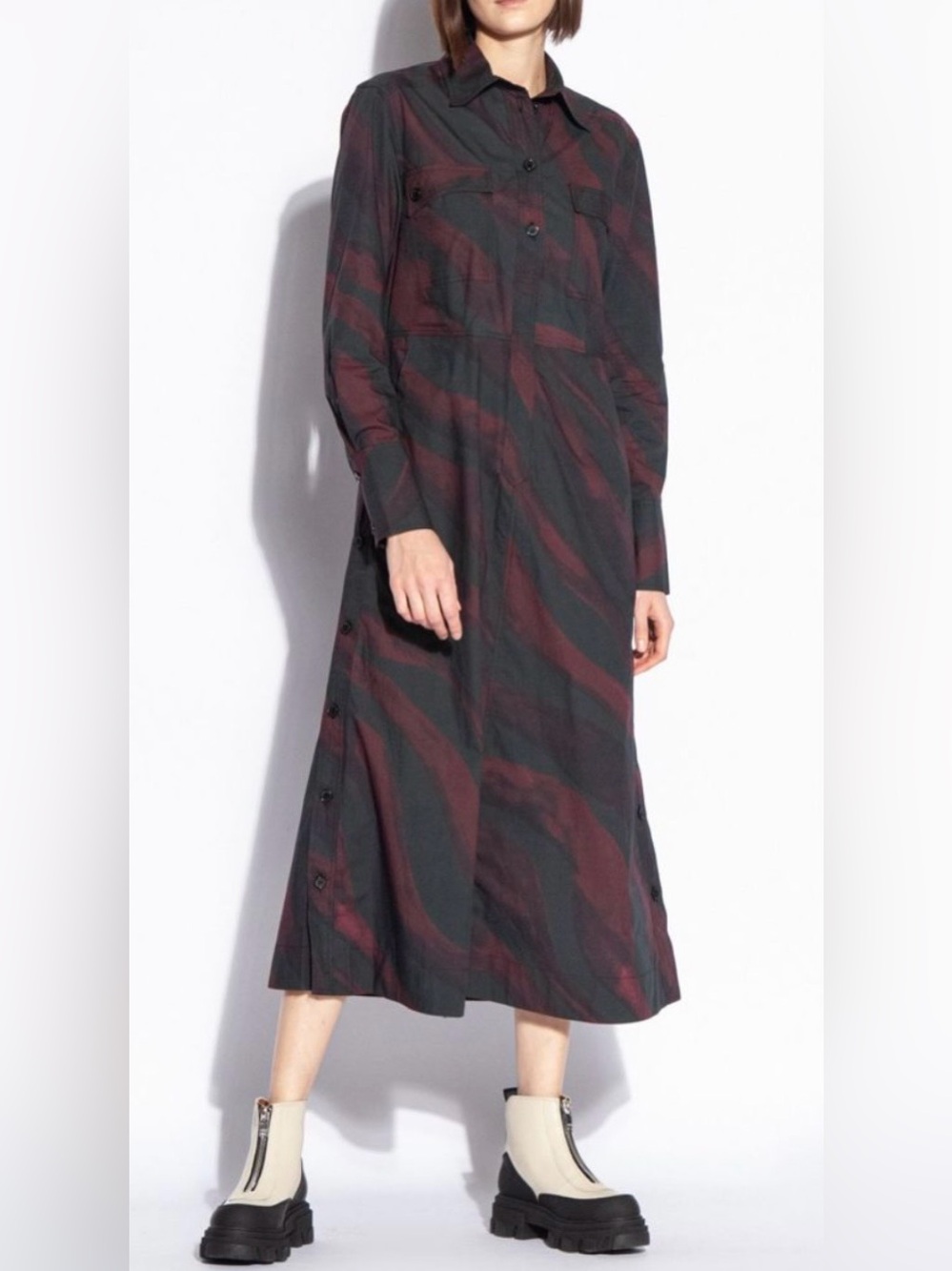 Ganni Women's Black and Burgundy Patterned Midi Dress